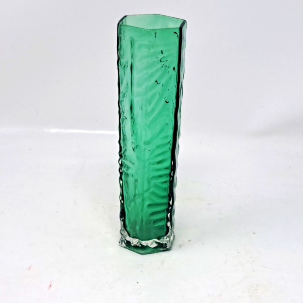 Vintage Green Hexigonal Textured Glass Vase